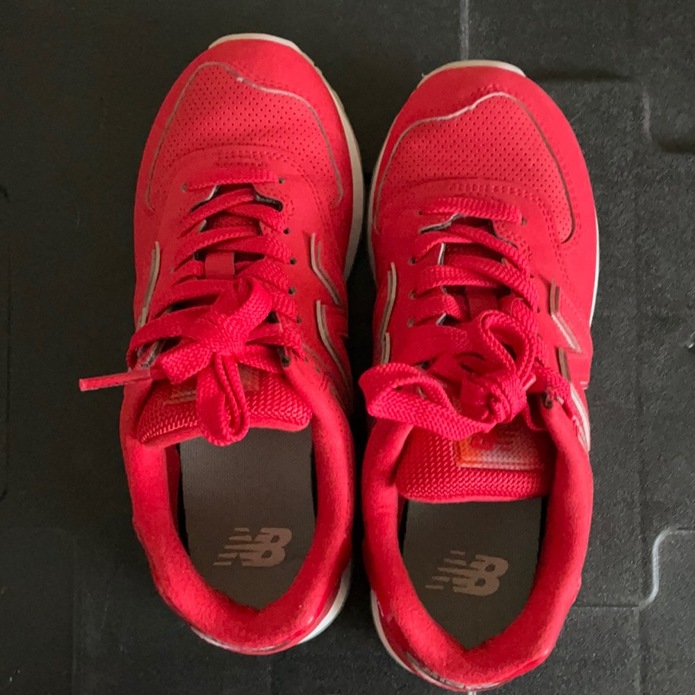 New Balance 574, red leather, women’s size 5.